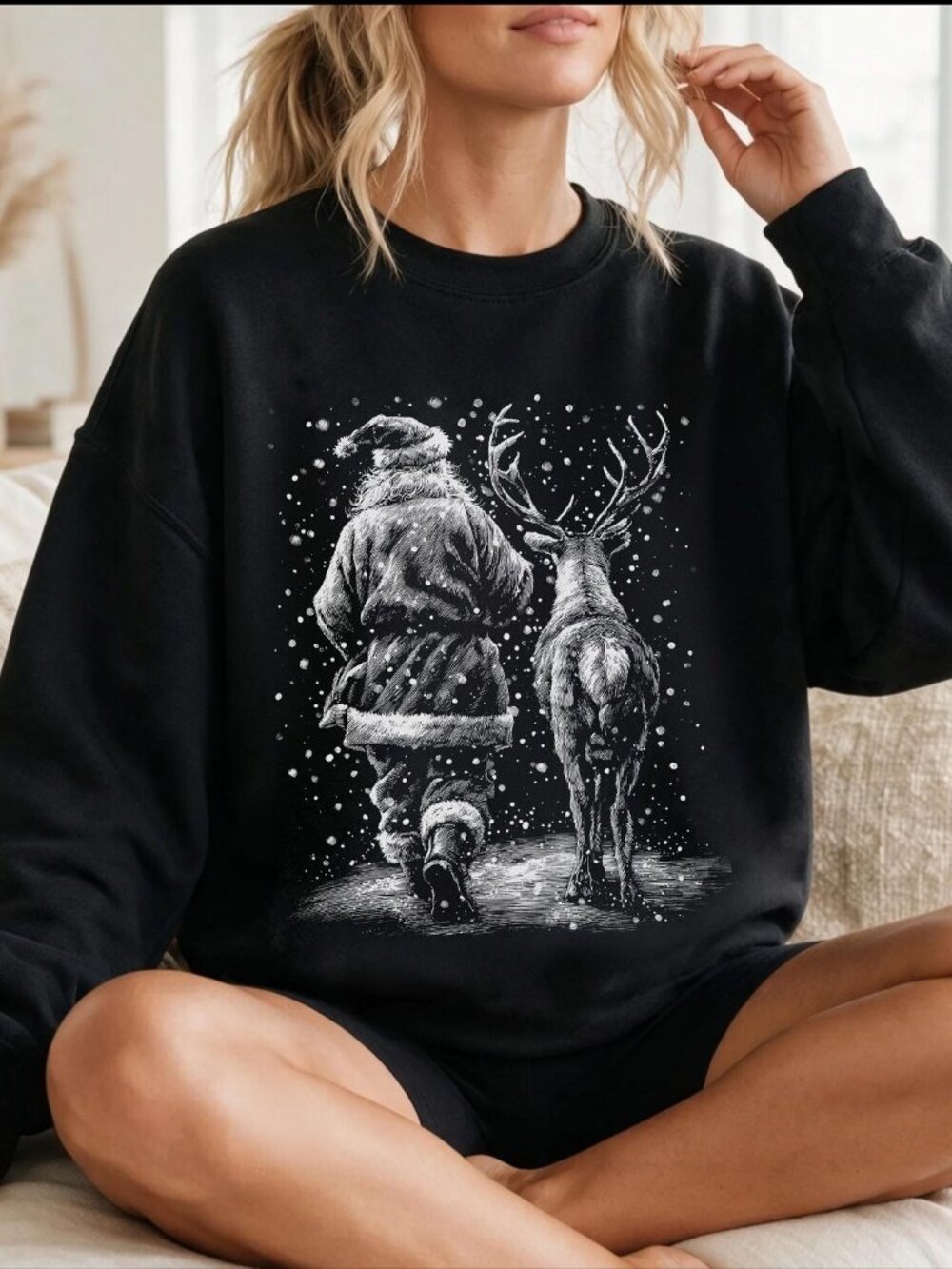 intage Santa Reindeer Sweater, Retro Christmas Graphic